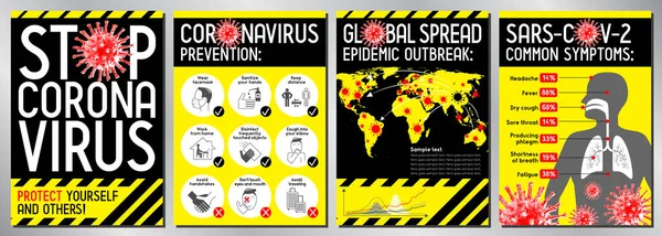 Stop Coronavirus Posters Covid Sars Cov Ilustração Vetorial — Vetor de Stock