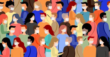 Yüz maskesi takan bir grup insan - sis, koronavirüs (covid-19, SARS-CoV-2) konsepti - vektör çizimi