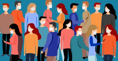 Yüz maskesi takan bir grup insan - sis, koronavirüs (covid-19, SARS-CoV-2) konsepti - vektör çizimi