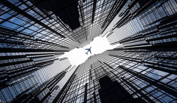 Airplane plying in business district area, skyscrapers - 3D illustration