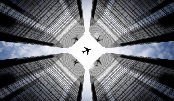 Airplane plying in business district area, skyscrapers - 3D illustration
