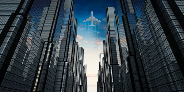 Airplane plying in business district area, skyscrapers - 3D illustration