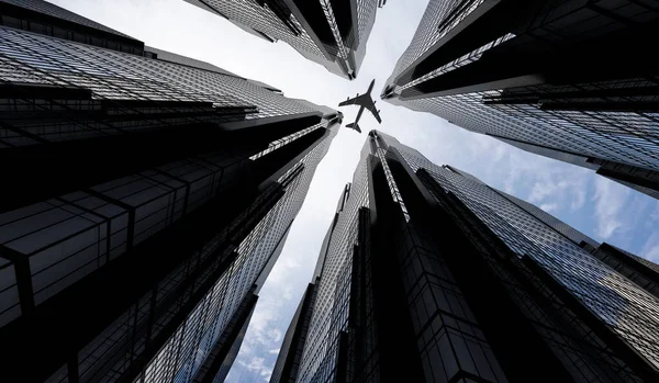 在商业区飞行的飞机 摩天大楼 3D插图 — 图库照片