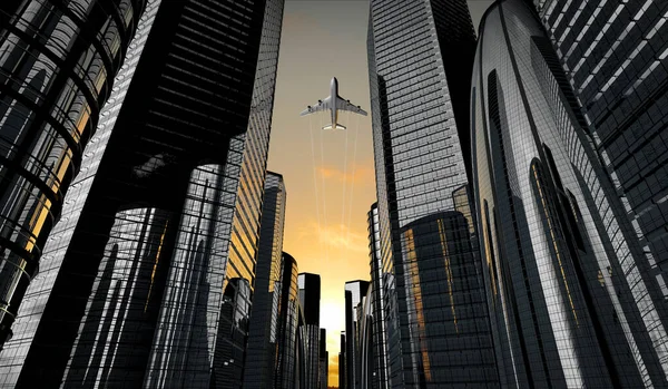 Airplane Plying Business District Area Skyscrapers Illustration — Stock Photo, Image