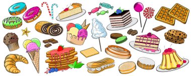 Tatlı yiyecek - hamur işleri, dondurma ve tatlı koleksiyonu - vektör illüstrasyonu