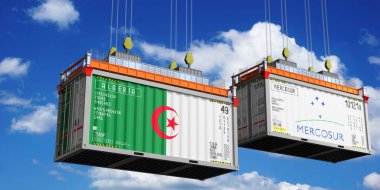 Shipping containers with flags of Algeria and Mercosur - 3D illustration
