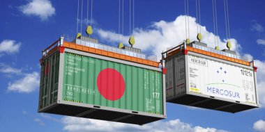 Shipping containers with flags of Bangladesh and Mercosur - 3D illustration