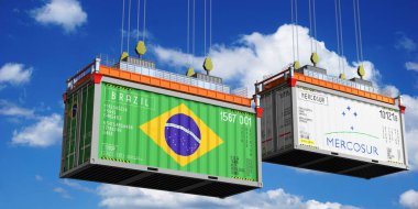 Shipping containers with flags of Brazil and Mercosur - 3D illustration
