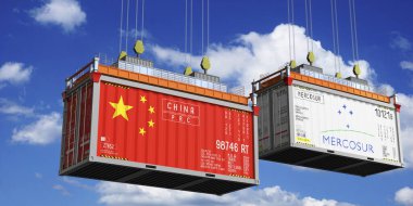 Shipping containers with flags of China and Mercosur - 3D illustration