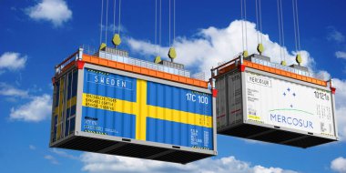 Shipping containers with flags of Sweden and Mercosur - 3D illustration