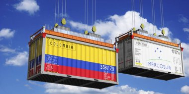 Shipping containers with flags of Colombia and Mercosur - 3D illustration