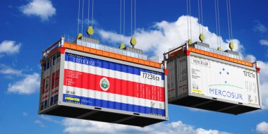 Shipping containers with flags of Costa Rica and Mercosur - 3D illustration