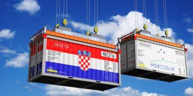 Shipping containers with flags of Croatia and Mercosur - 3D illustration