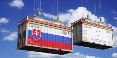 Shipping containers with flags of Slovakia and Mercosur - 3D illustration