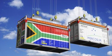 Shipping containers with flags of South Africa and Mercosur - 3D illustration
