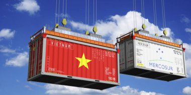 Shipping containers with flags of Vietnam and Mercosur - 3D illustration