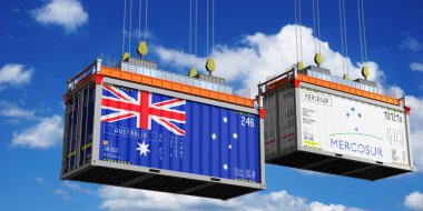 Shipping containers with flags of Australia and Mercosur - 3D illustration