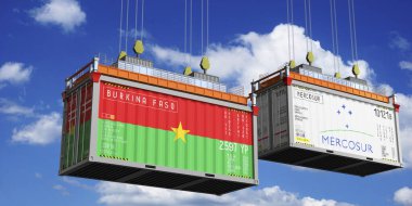 Shipping containers with flags of Burkina Faso and Mercosur - 3D illustration