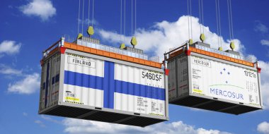 Shipping containers with flags of Finland and Mercosur - 3D illustration