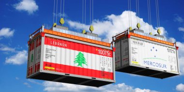 Shipping containers with flags of Lebanon and Mercosur - 3D illustration