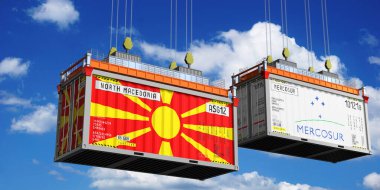 Shipping containers with flags of North Macedonia and Mercosur - 3D illustration