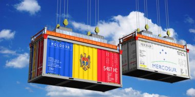 Shipping containers with flags of Moldova and Mercosur - 3D illustration