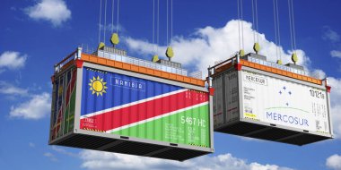 Shipping containers with flags of Namibia and Mercosur - 3D illustration