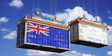 Shipping containers with flags of New Zealand and Mercosur - 3D illustration