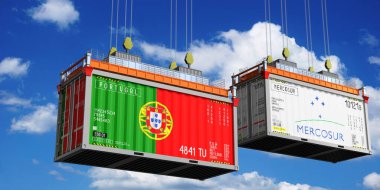 Shipping containers with flags of Portugal and Mercosur - 3D illustration
