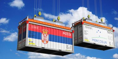 Shipping containers with flags of Serbia and Mercosur - 3D illustration