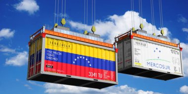 Shipping containers with flags of Venezuela and Mercosur - 3D illustration