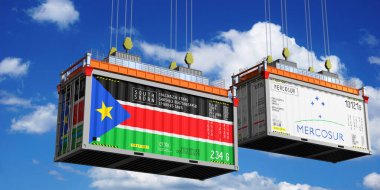 Shipping containers with flags of South Sudan and Mercosur - 3D illustration