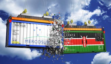Crashing cargo containers with flags of Mercosur and Kenya - 3D illustration