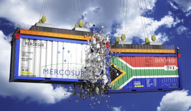 Crashing cargo containers with flags of Mercosur and South Africa - 3D illustration