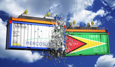 Crashing cargo containers with flags of Mercosur and Guyana - 3D illustration