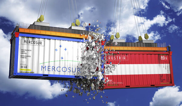 Crashing cargo containers with flags of Mercosur and Austria - 3D illustration