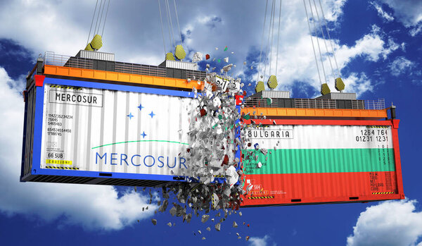 Crashing cargo containers with flags of Mercosur and Bulgaria - 3D illustration