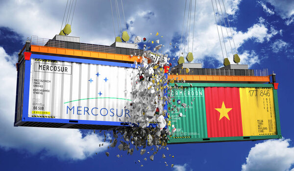 Crashing cargo containers with flags of Mercosur and Cameroon - 3D illustration