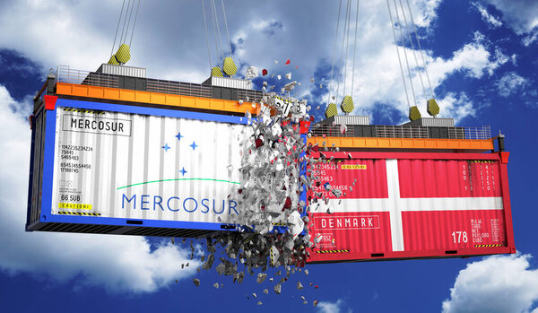 Crashing cargo containers with flags of Mercosur and Denmark - 3D illustration