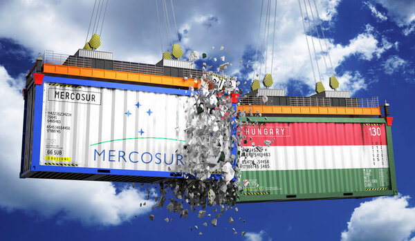 Crashing cargo containers with flags of Mercosur and Hungary - 3D illustration