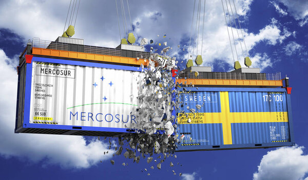 Crashing cargo containers with flags of Mercosur and Sweden - 3D illustration