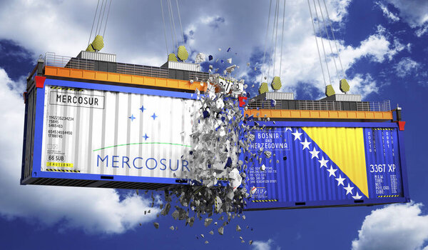 Crashing cargo containers with flags of Mercosur and Bosnia and Herzegovina - 3D illustration