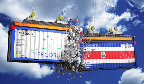 Crashing cargo containers with flags of Mercosur and Costa Rica - 3D illustration