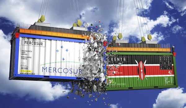 Crashing cargo containers with flags of Mercosur and Kenya - 3D illustration