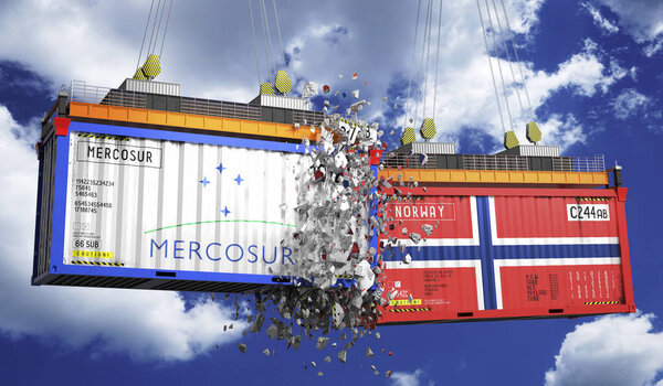 Crashing cargo containers with flags of Mercosur and Norway - 3D illustration