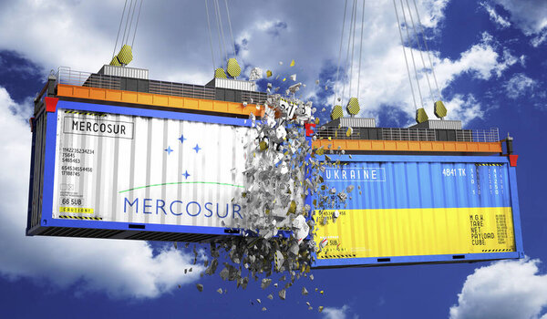 Crashing cargo containers with flags of Mercosur and Ukraine - 3D illustration