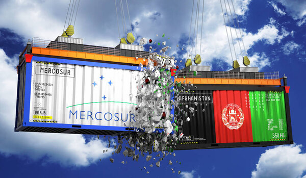 Crashing cargo containers with flags of Mercosur and Afghanistan - 3D illustration