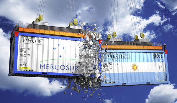 Crashing cargo containers with flags of Mercosur and Argentina - 3D illustration
