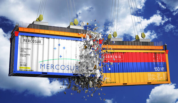 Crashing cargo containers with flags of Mercosur and Armenia - 3D illustration