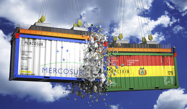 Crashing cargo containers with flags of Mercosur and Bolivia - 3D illustration